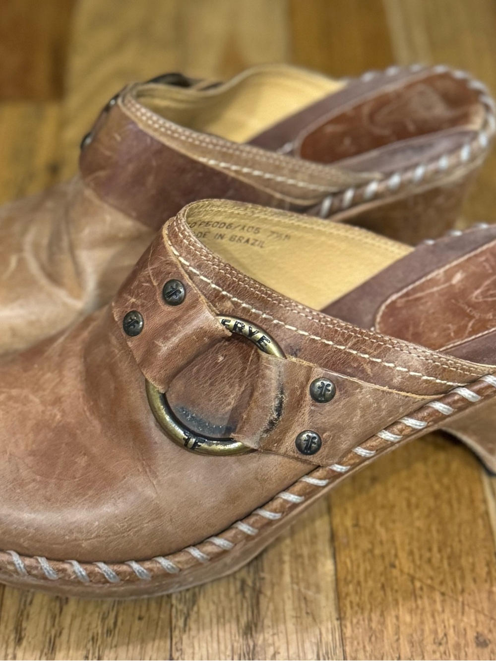 Size 7.5 Vintage Frye Brown Leather Buckled Clogs - Picture 2 of 7